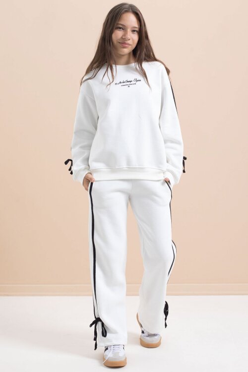 Beyaz Kız Çocuk Şerit Detaylı 3 İplik Şardonlu Takım 21514