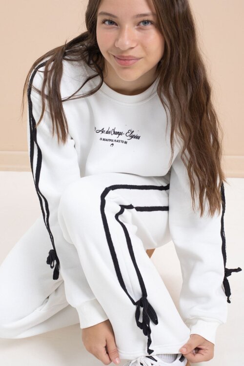 Beyaz Kız Çocuk Şerit Detaylı 3 İplik Şardonlu Takım 21514