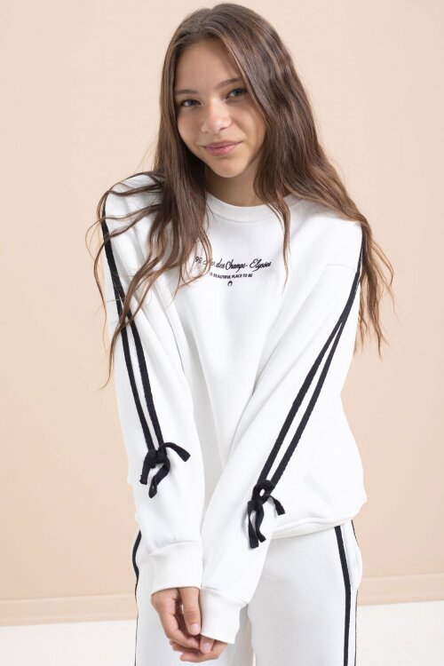 Beyaz Kız Çocuk Şerit Detaylı 3 İplik Şardonlu Takım 21514