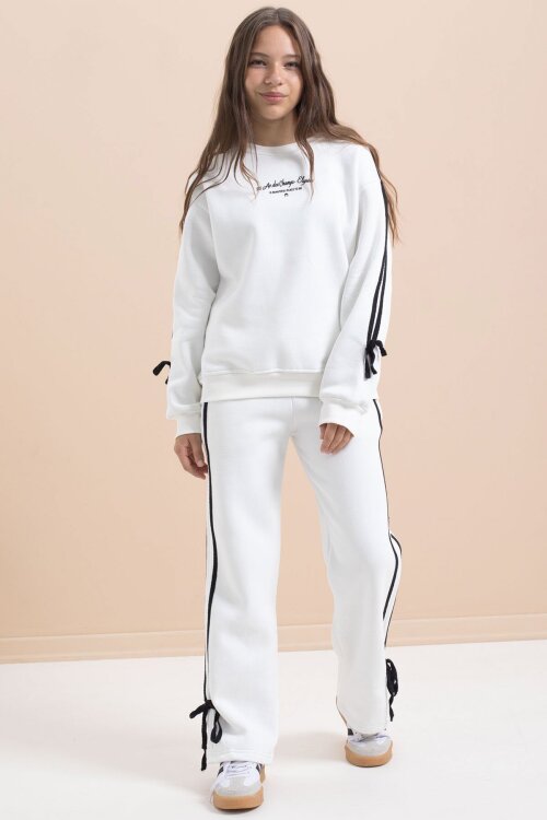 Beyaz Kız Çocuk Şerit Detaylı 3 İplik Şardonlu Takım 21514