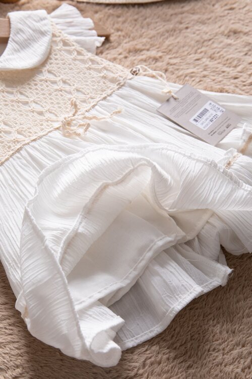 Beyaz Kolları Fırfırlı Dantel İşlemeli Kız Bebek Elbise  22655