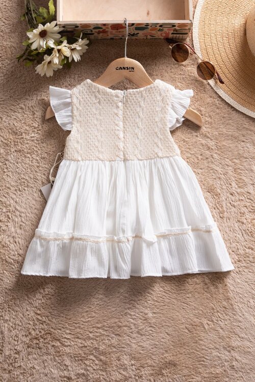 Beyaz Kolları Fırfırlı Dantel İşlemeli Kız Bebek Elbise  22655