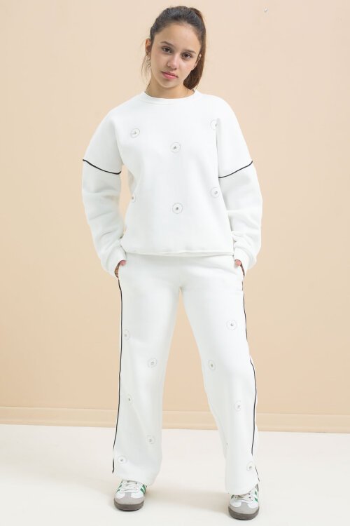 Beyaz Payet İşlemeli Şardonlu Kız Çocuk 2li Eşofman Takımı 21425