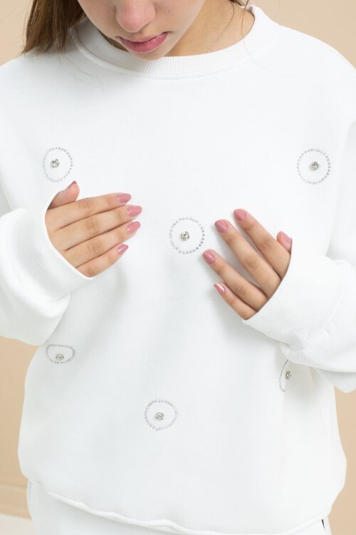 Beyaz Payet İşlemeli Şardonlu Kız Çocuk 2li Eşofman Takımı 21425