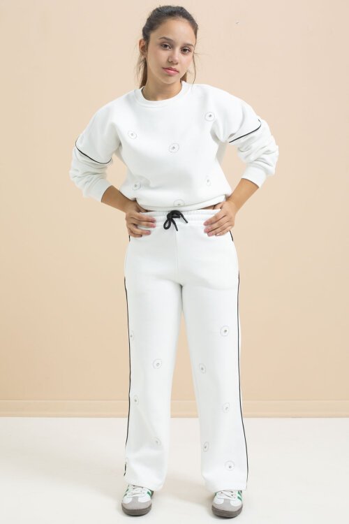 Beyaz Payet İşlemeli Şardonlu Kız Çocuk 2li Eşofman Takımı 21425