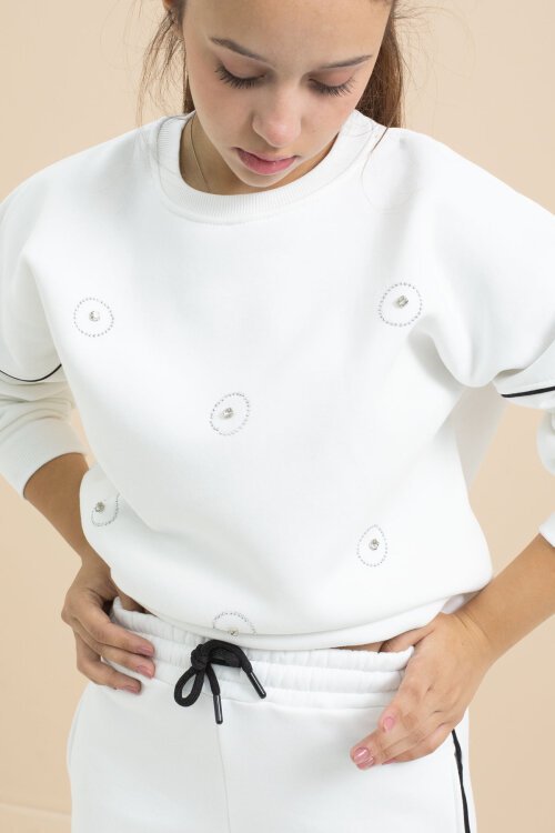 Beyaz Payet İşlemeli Şardonlu Kız Çocuk 2li Eşofman Takımı 21425