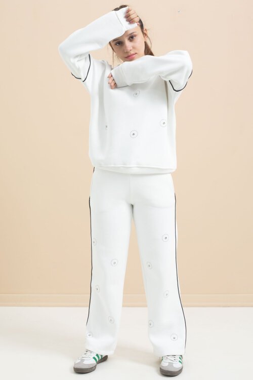 Beyaz Payet İşlemeli Şardonlu Kız Çocuk 2li Eşofman Takımı 21425