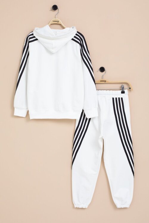 Beyaz Şerit Detaylı Yazı Baskılı Kapüşonlu Erkek Çocuk Eşofman Takımı 21450