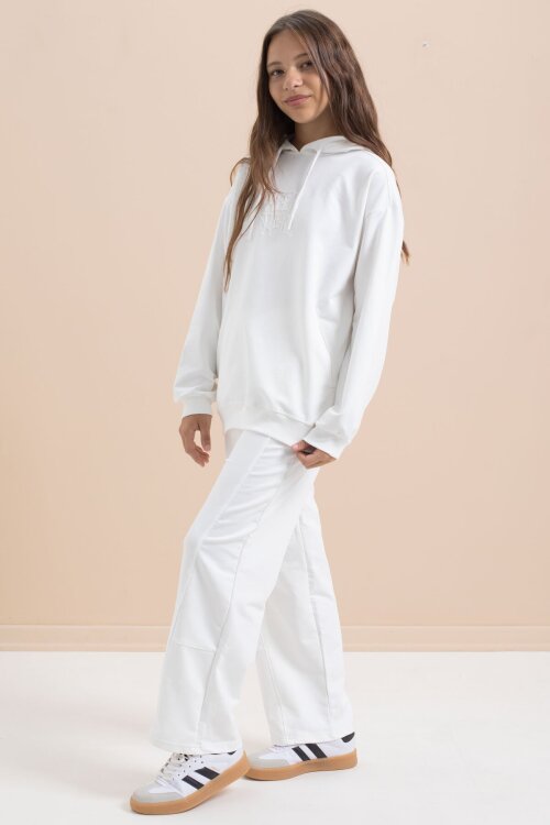 Beyaz Yazı Baskılı Kapüşonlu Geniş Paça Kız Çocuk Eşofman Takımı 21433