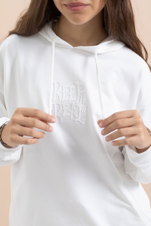 Beyaz Yazı Baskılı Kapüşonlu Geniş Paça Kız Çocuk Eşofman Takımı 21433