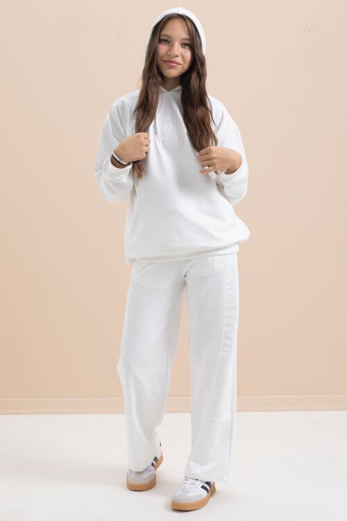 Beyaz Yazı Baskılı Kapüşonlu Geniş Paça Kız Çocuk Eşofman Takımı 21433