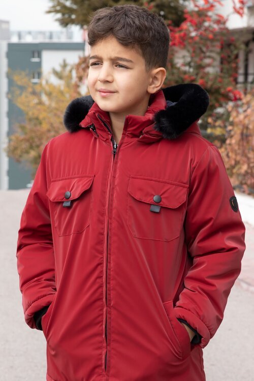 Bordo Çıtçıtlı Göğüs Cepli İçi Kürklü Erkek Çocuk Kapüşonlu Mont 21350