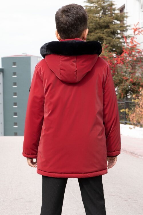 Bordo Çıtçıtlı Göğüs Cepli İçi Kürklü Erkek Çocuk Kapüşonlu Mont 21350