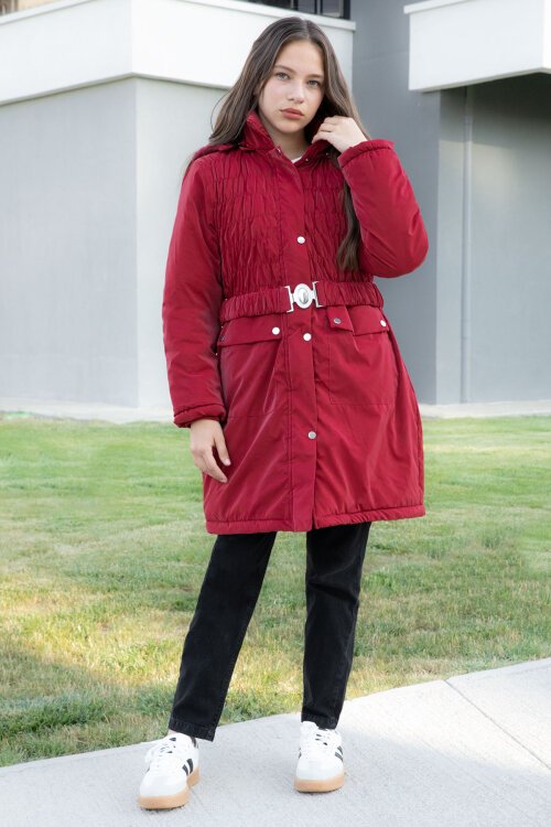 Bordo Kemerli Nubuk Kumaş Kız Çocuk İçi Kürklü Kapüşonlu Şişme Mont 21314