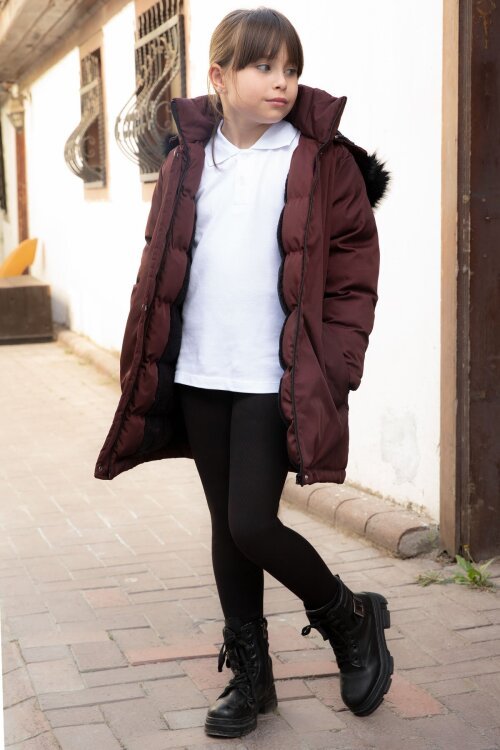 Bordo Kürklü İçi Astarlı Çıkarılabilir Kapüşonlu Kız Çocuk Mont 21550