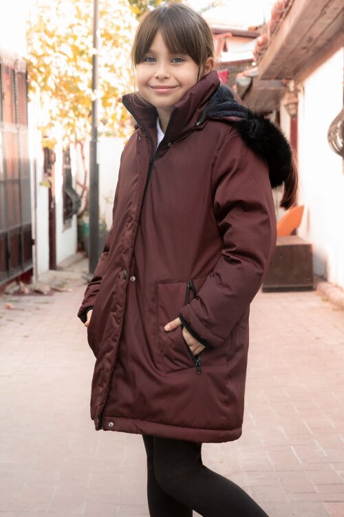 Bordo Kürklü İçi Astarlı Çıkarılabilir Kapüşonlu Kız Çocuk Mont 21550