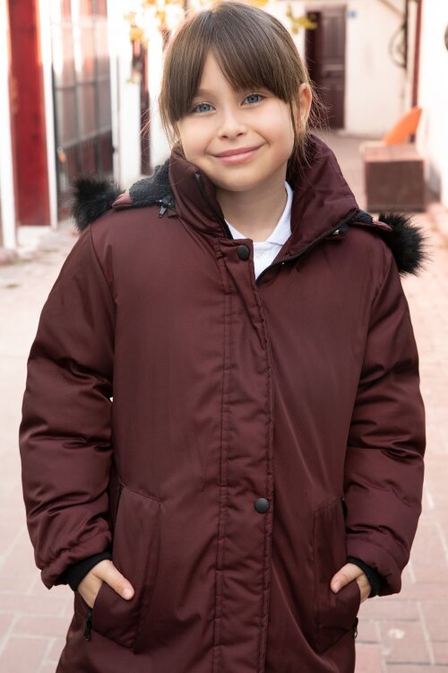 Bordo Kürklü İçi Astarlı Çıkarılabilir Kapüşonlu Kız Çocuk Mont 21550