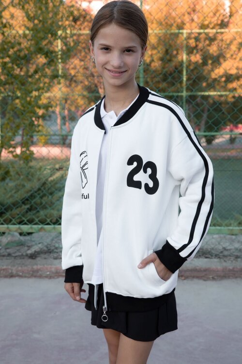 Ekru Beautifull Yazılı Kolu Şeritli Kız Çocuk Kolej Hırka 21192