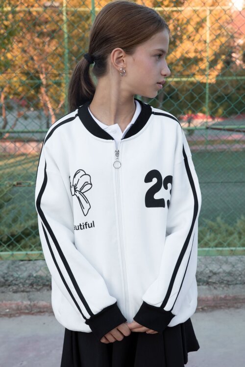 Ekru Beautifull Yazılı Kolu Şeritli Kız Çocuk Kolej Hırka 21192