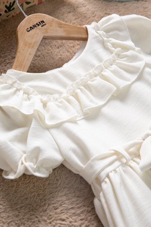 Ekru Fırfır Detaylı Kuşaklı Kız Çocuk Kısa Kol Elbise 22664