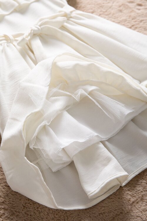 Ekru Fırfır Detaylı Kuşaklı Kız Çocuk Kısa Kol Elbise 22664