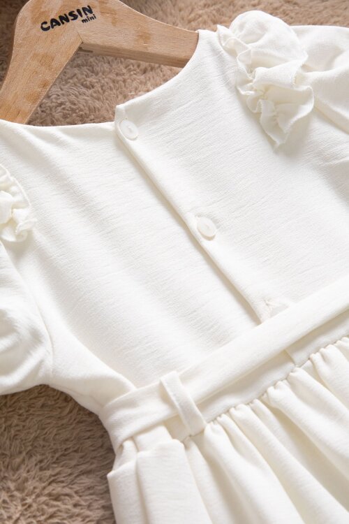 Ekru Fırfır Detaylı Kuşaklı Kız Çocuk Kısa Kol Elbise 22664