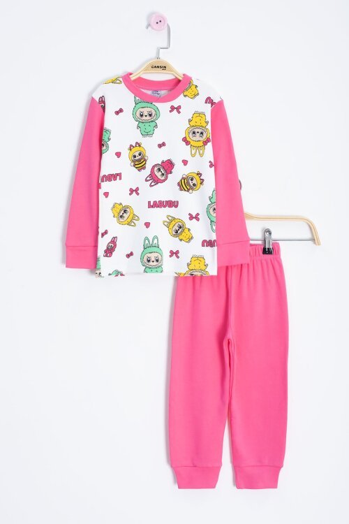 Ekru Karakter Desenli Yazılı Kız Çocuk Pijama Takımı 22768