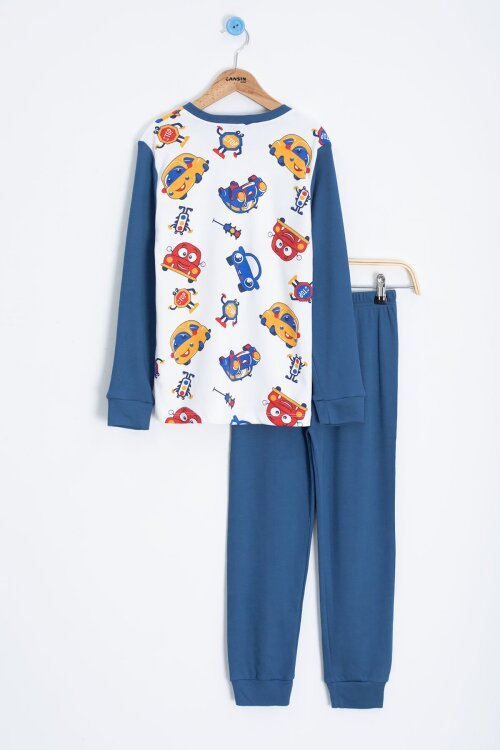 Ekru Sevimli Araba Baskılı Erkek Çocuk Pijama 22763