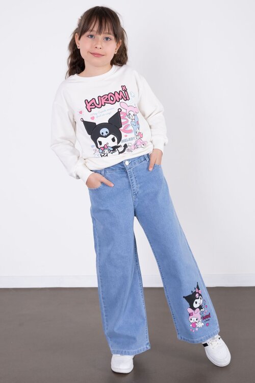 Ekru Simli Baskılı Badili Jean Pantolonlu Kız Çocuk 2li Takım 22758