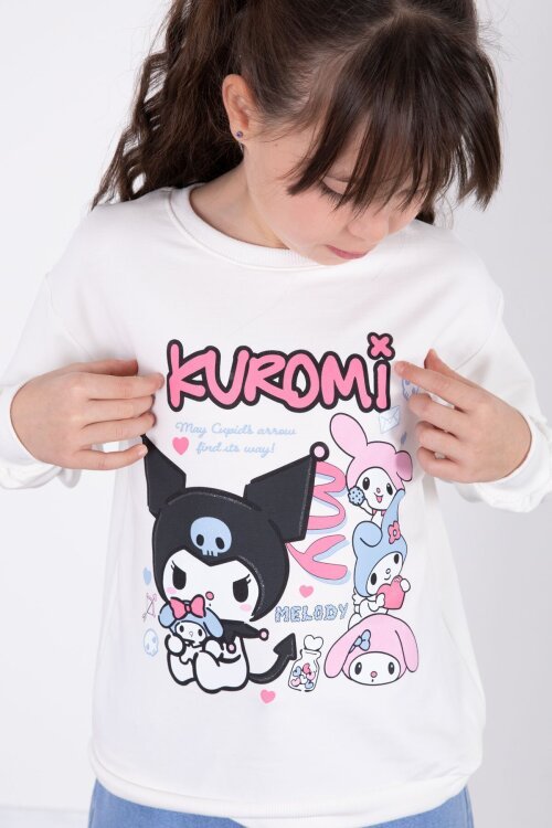 Ekru Simli Baskılı Badili Jean Pantolonlu Kız Çocuk 2li Takım 22758