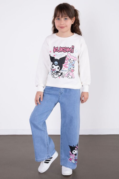 Ekru Simli Baskılı Badili Jean Pantolonlu Kız Çocuk 2li Takım 22758