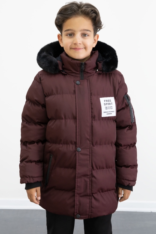 Erkek Çocuk Bordo Yazılı Arma Detaylı İçi Kürklü Kapüşonlu Şişme Mont 21346