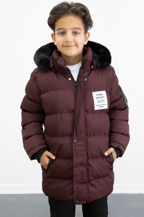 Erkek Çocuk Bordo Yazılı Arma Detaylı İçi Kürklü Kapüşonlu Şişme Mont 21346