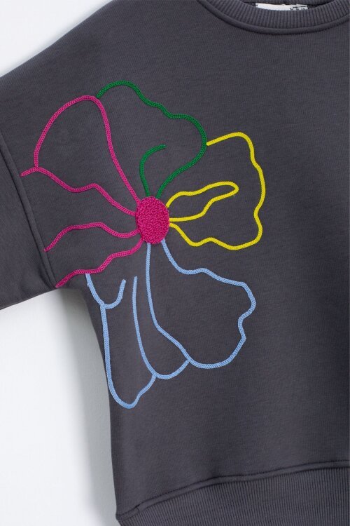 Füme Çiçek Nakış Detaylı Geniş Paça Kız Çocuk Şardonlu Takım 23285