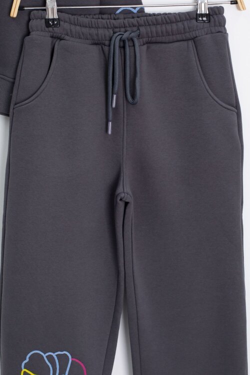 Füme Çiçek Nakış Detaylı Geniş Paça Kız Çocuk Şardonlu Takım 23285