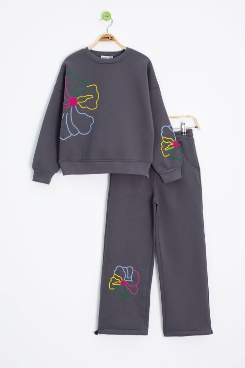 Füme Çiçek Nakış Detaylı Geniş Paça Kız Çocuk Şardonlu Takım 23285