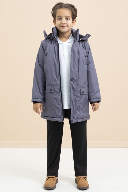 Füme İçi Kürklü Çıtçıtlı Cepli Uzun Kesim Erkek Çocuk Kapüşonlu Şişme Mont 21449