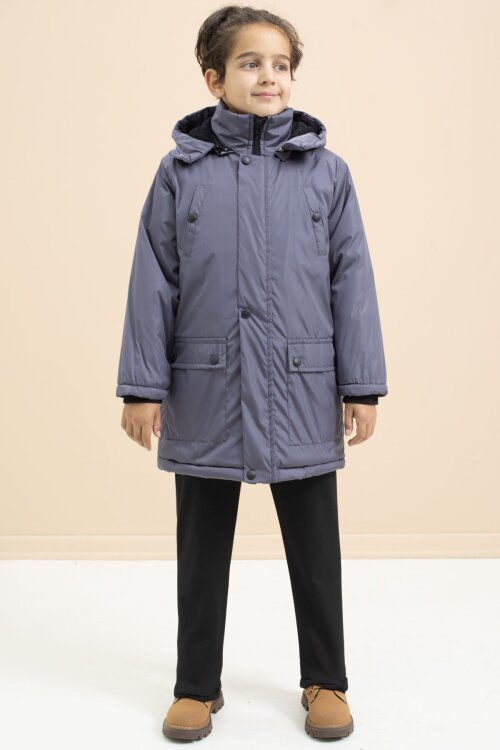 Füme İçi Kürklü Çıtçıtlı Cepli Uzun Kesim Erkek Çocuk Kapüşonlu Şişme Mont 21449