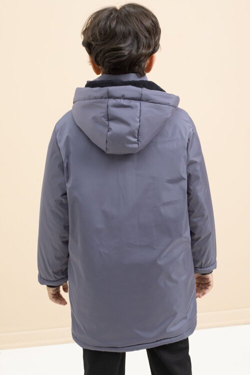 Füme İçi Kürklü Çıtçıtlı Cepli Uzun Kesim Erkek Çocuk Kapüşonlu Şişme Mont 21449