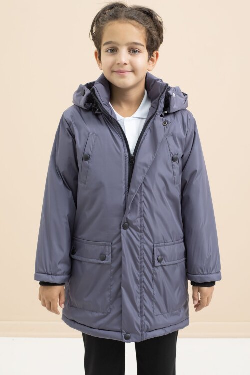 Füme İçi Kürklü Çıtçıtlı Cepli Uzun Kesim Erkek Çocuk Kapüşonlu Şişme Mont 21449