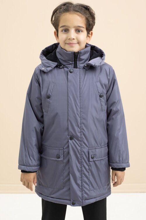 Füme İçi Kürklü Çıtçıtlı Cepli Uzun Kesim Erkek Çocuk Kapüşonlu Şişme Mont 21449