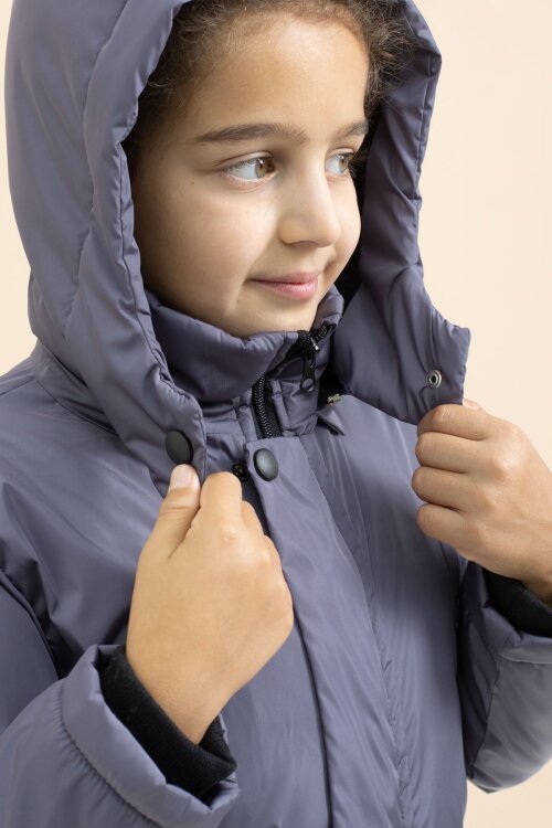 Füme İçi Kürklü Çıtçıtlı Cepli Uzun Kesim Erkek Çocuk Kapüşonlu Şişme Mont 21449