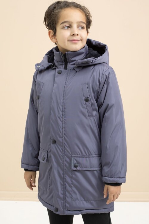 Füme İçi Kürklü Çıtçıtlı Cepli Uzun Kesim Erkek Çocuk Kapüşonlu Şişme Mont 21449