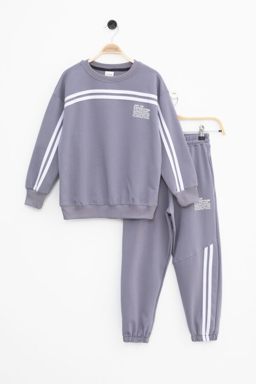 Füme Şerit Detaylı Bisiklet Yaka Erkek Çocuk Basic Eşofman Takımı 21264