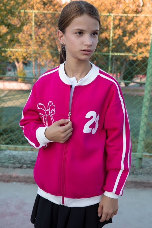 Fuşya Beautifull Yazılı Kolu Şeritli Kız Çocuk Kolej Hırka 21194