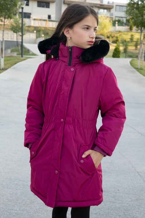 Fuşya Çıtçıtlı Cepli Esnek Bel İçi Kürklü Kız Çocuk Kapüşonlu Mont 21304