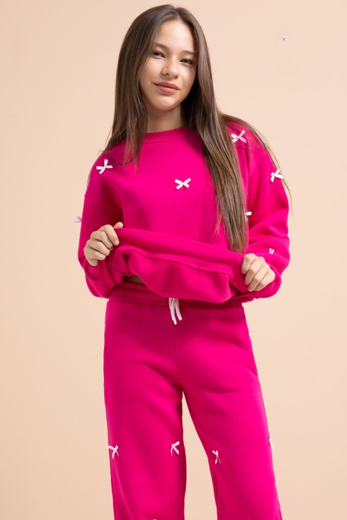 Fuşya Fiyonk Nakışlı Bisiklet Yaka Kız Çocuk Şardonlu Eşofman Takımı 21286