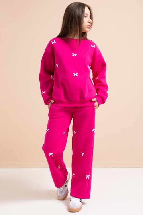 Fuşya Fiyonk Nakışlı Bisiklet Yaka Kız Çocuk Şardonlu Eşofman Takımı 21286