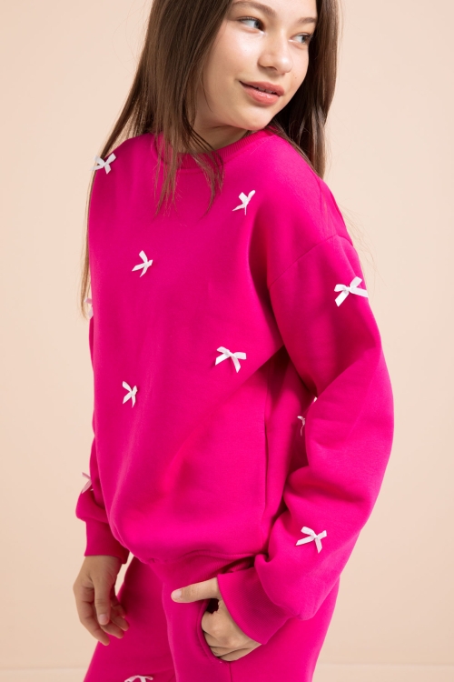 Fuşya Fiyonk Nakışlı Bisiklet Yaka Kız Çocuk Şardonlu Eşofman Takımı 21286