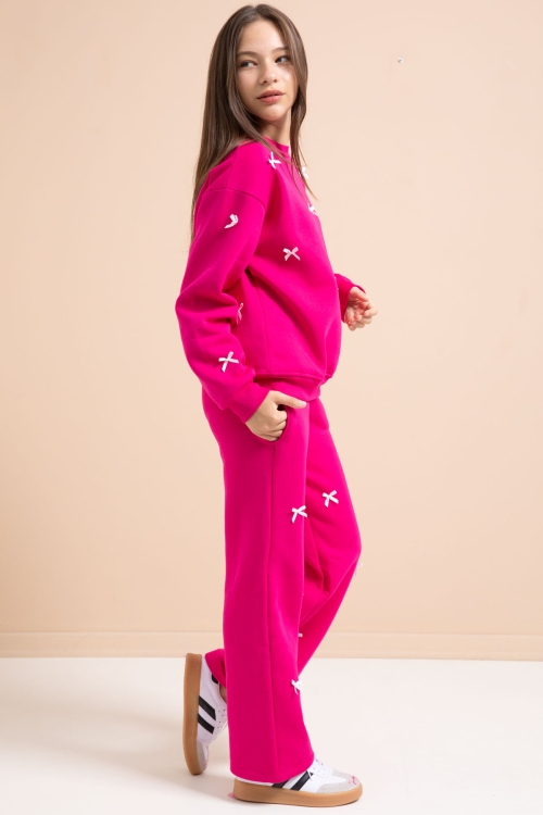 Fuşya Fiyonk Nakışlı Bisiklet Yaka Kız Çocuk Şardonlu Eşofman Takımı 21286